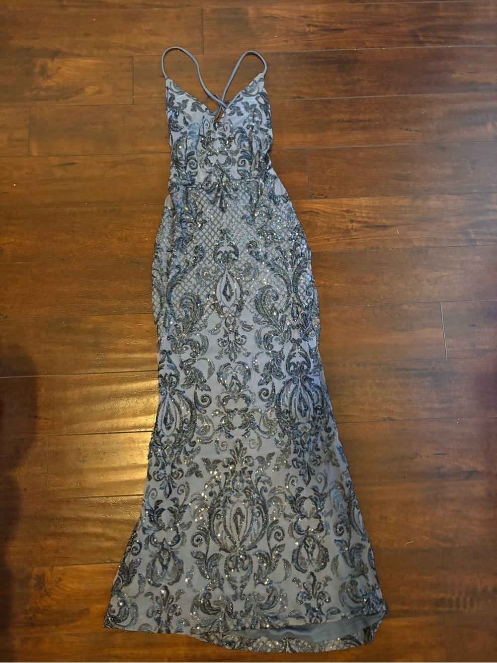 Light Blue Sequin Embellished Formal Dress - Strappy V-Neck